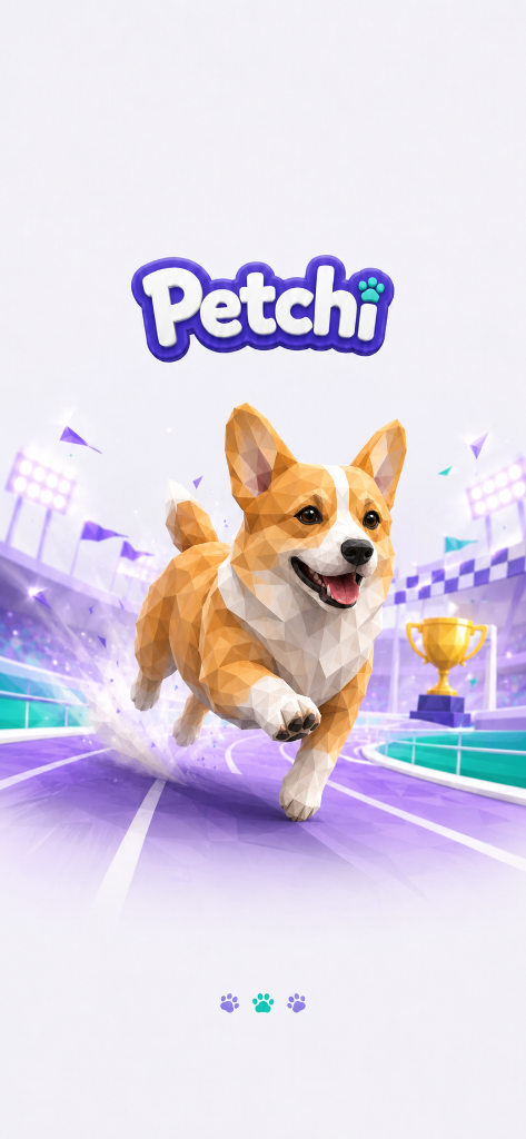 Petchi app — a cute 3D corgi running in a purple stadium